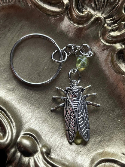 Uranium Glass (Firefly) Keychain | Green Vaseline Insect Jewelry | It Glows Under UV Light | Metallic Glow-In-The-Dark Cicada Bug Accessory