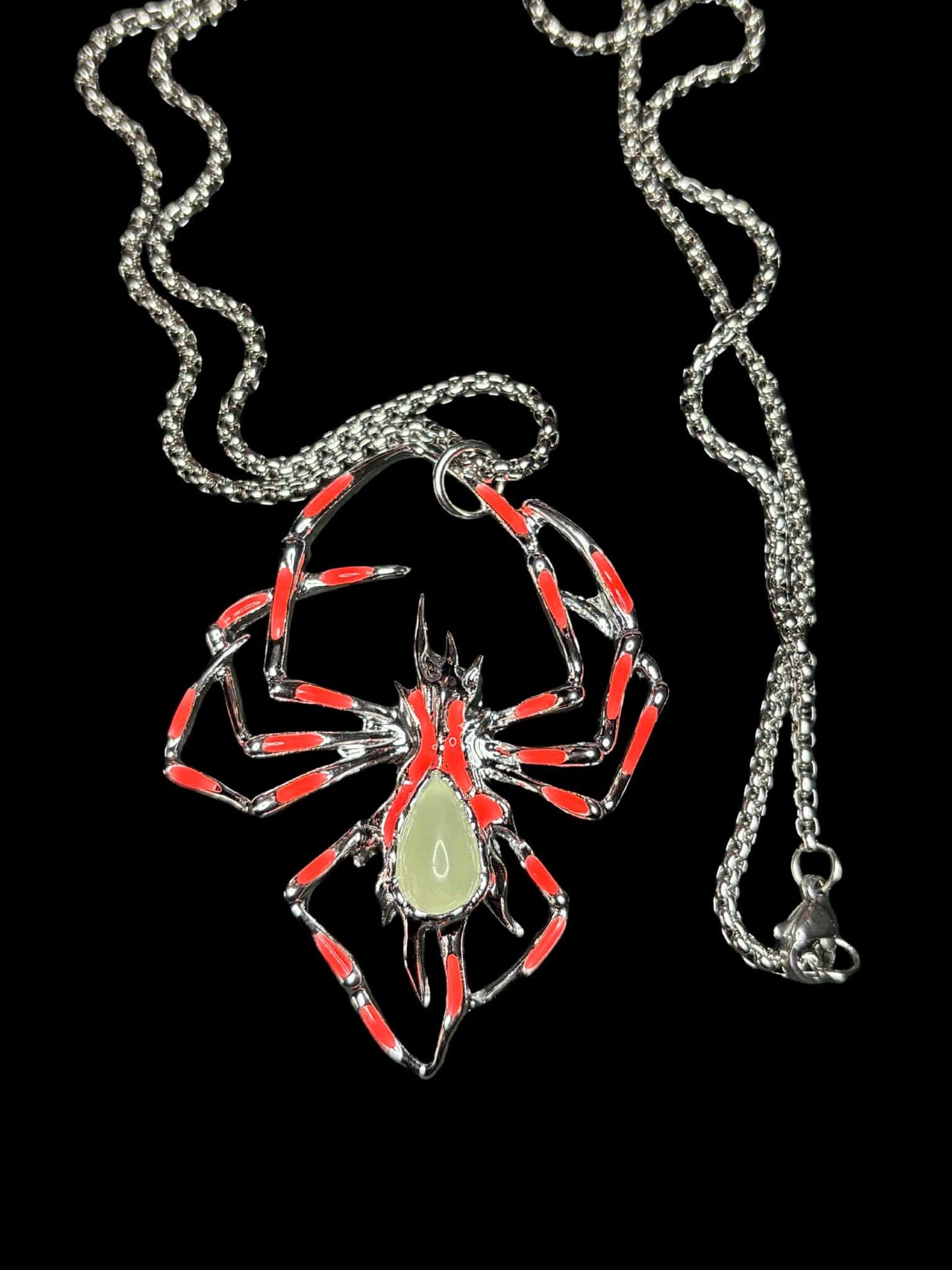 Phosphorous Spider Necklace | Fluorescent Arachnid Animal Pendant | Glows In The Dark | Stainless Steel Halloween Luminous Jewelry