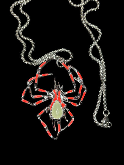 Phosphorous Spider Necklace | Fluorescent Arachnid Animal Pendant | Glows In The Dark | Stainless Steel Halloween Luminous Jewelry