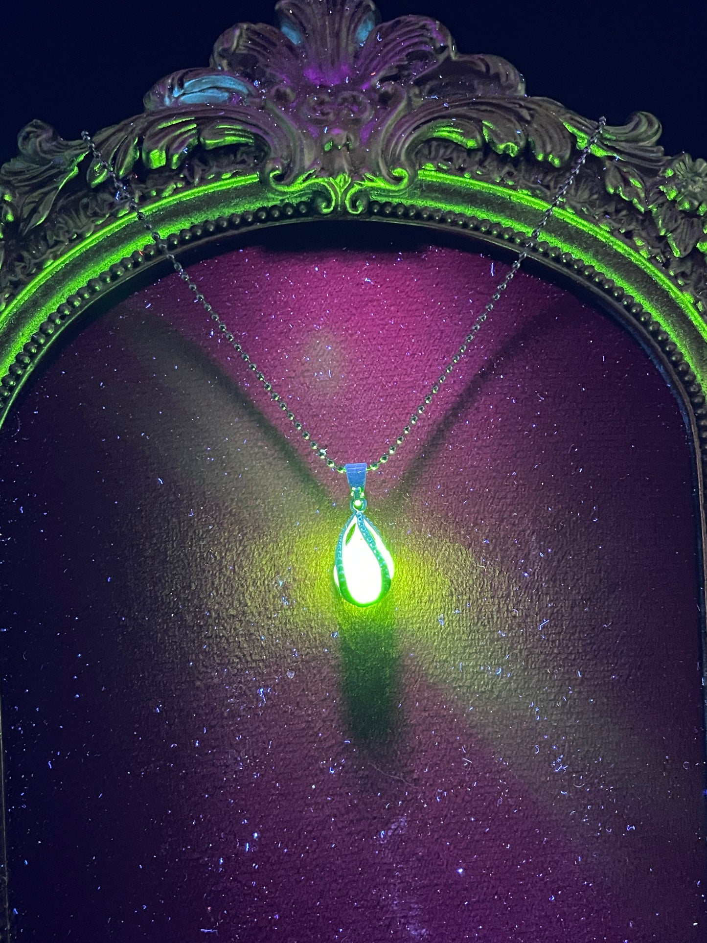 Uranium Glass Gemstone Inside a Spiral Silver Casing | Forming a Unique Vaseline Glass Pendant | It Glows Bright Green Under UV Light