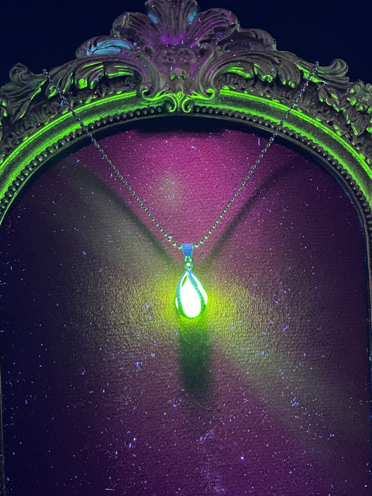 Uranium Glass Gemstone Inside a Spiral Silver Casing | Forming a Unique Vaseline Glass Pendant | It Glows Bright Green Under UV Light