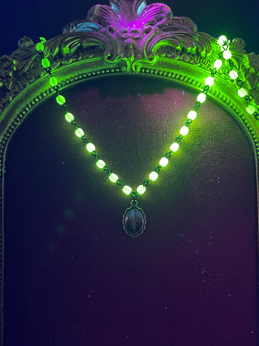 Uranium Glass Pendant Featuring Holy Family | Yellow Vaseline Jesus Christ Necklace | Black Metal Chain With 6mm Green Fire-polished Beads | Glows Under UV Light