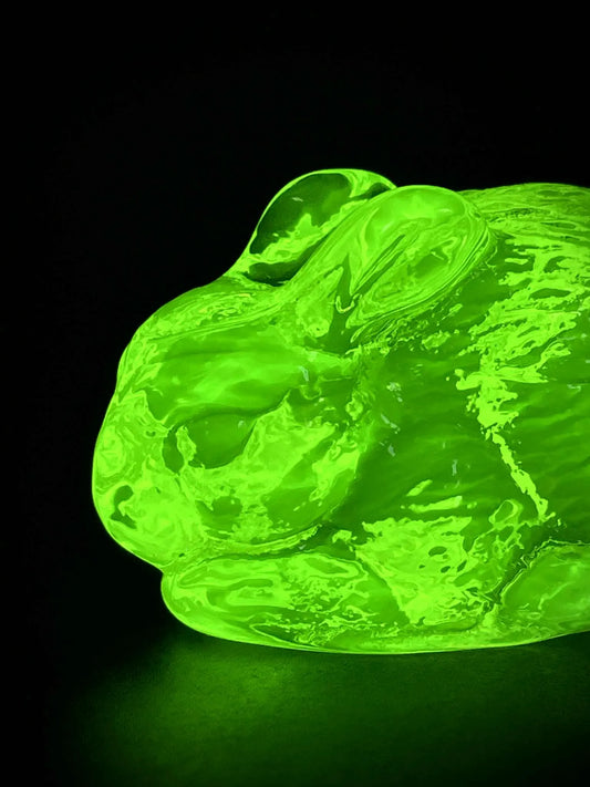 Cute Uranium Glass Rabbit Figurine | Yellow Vaseline Glass Bunny Pet | Glows Green Under UV Light | Leporidae Wild Mammal Statue