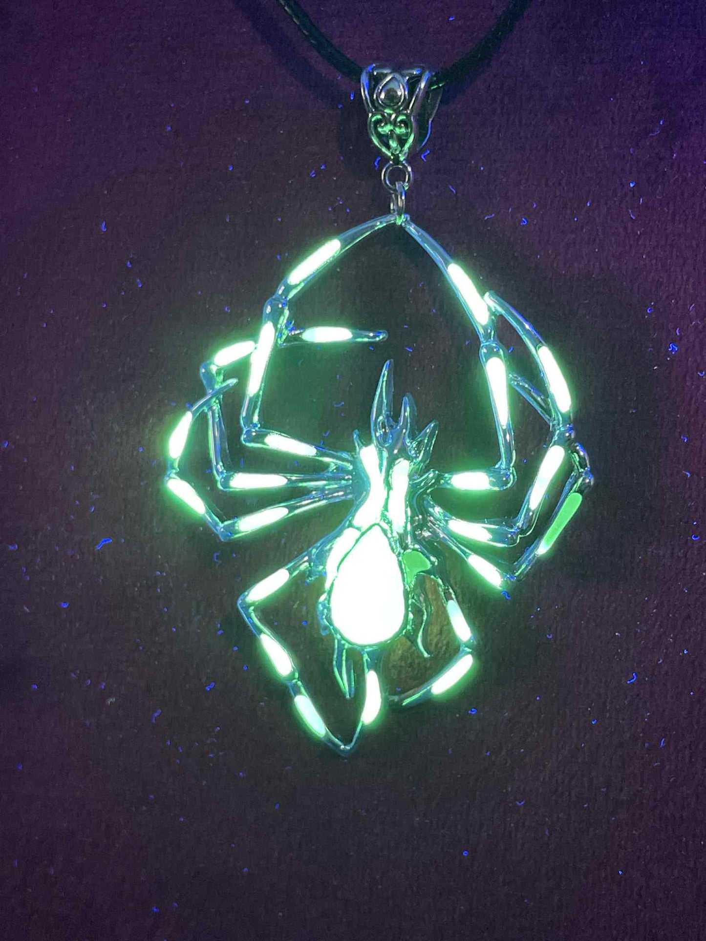 Phosphorous Spider Necklace | Fluorescent Arachnid Animal Pendant | Glows In The Dark | Stainless Steel Halloween Luminous Jewelry