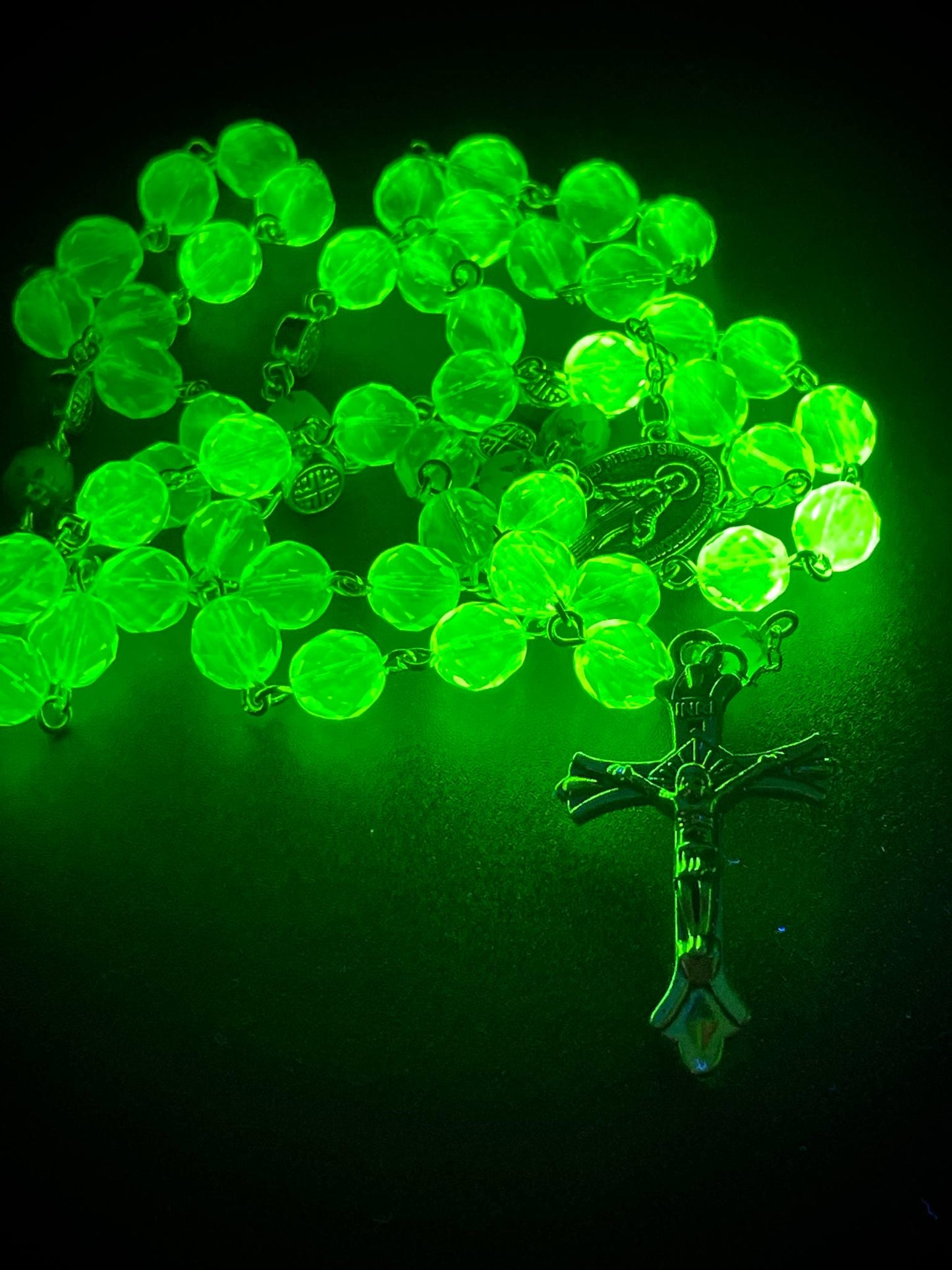 Blue Fire-polished (Uranium Glass) Rosary | Silver Decor Necklace with Virgin Mary Medal | It Glows Under UV Light | Yellow Vaseline Jewelry