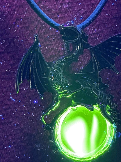 Uranium Glass (Dragon) Necklace | Dark Metal Pendant With Glowing Tail Gem | Luminous Green UV Jewelry | Gothic Fantasy Vaseline Glass