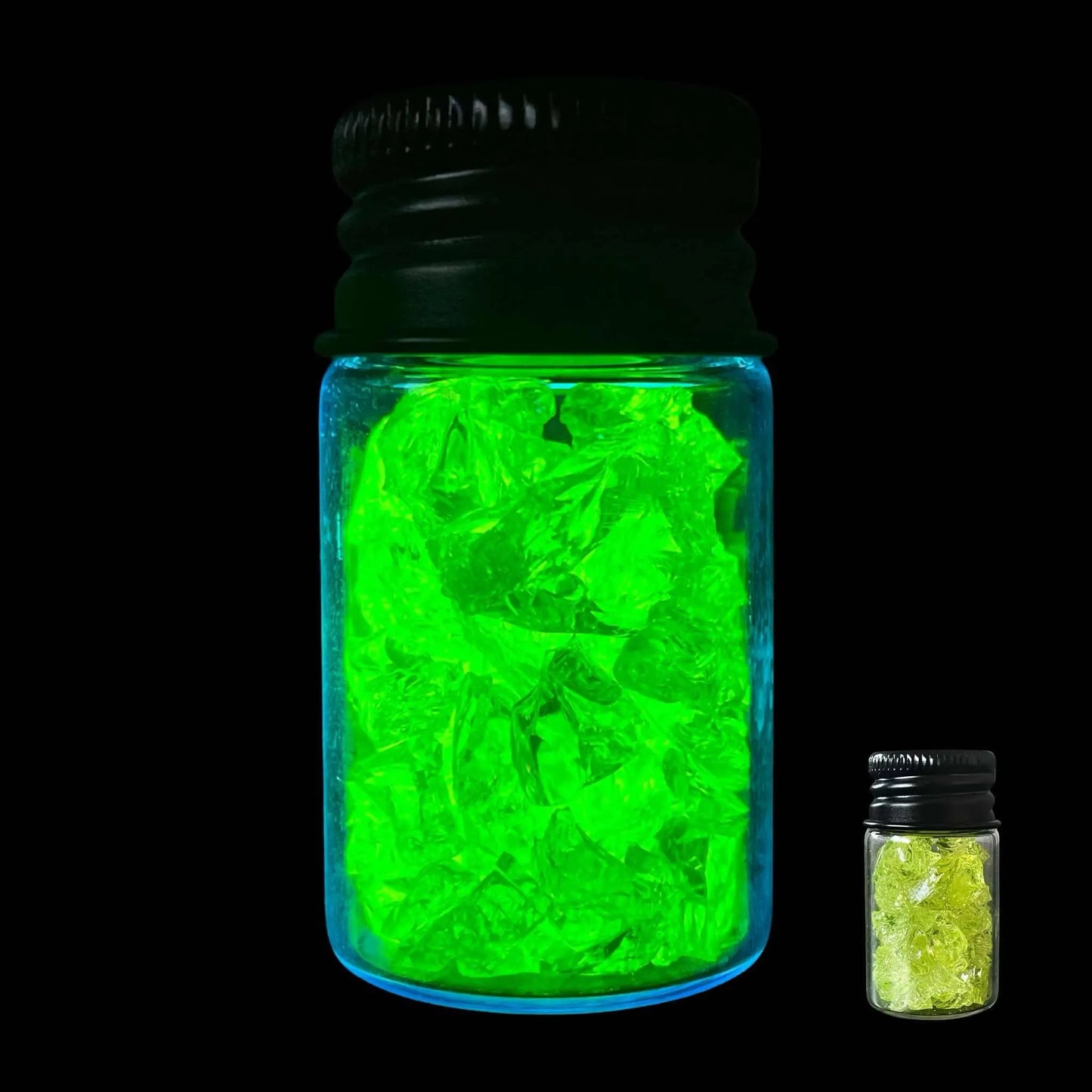 Crushed Uranium Glass Shards in Bottle | Glowing Yellow Vaseline Fragments | UV Reactive Vial with Safe Radioactive Glass for Crafts & Magic Use