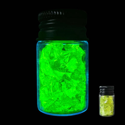 Crushed Uranium Glass Shards in Bottle | Glowing Yellow Vaseline Fragments | UV Reactive Vial with Safe Radioactive Glass for Crafts & Magic Use