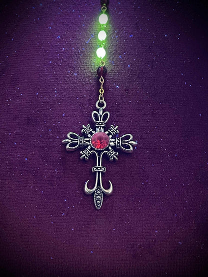 Uranium Glass (Crimson-Red) Gothic Rosary | Dark Witchy Necklace From Yellow Vaseline Glass | Glows Under UV Light | 4mm Fire-Polished Beads