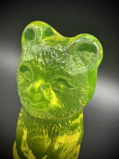 Uranium Glass Cute (Bear) Figurine | Yellow Vaseline Glass Statue | Forest Wildlife Teddy Bear Mammal Animal | Glows Under UV Light