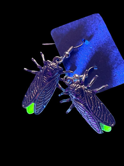Uranium Glass (Firefly) Earrings | UV Glowing Green Cicada Vaseline Bug Jewelry | Glow-In-The-Dark Luminous Insect | Includes One Pair