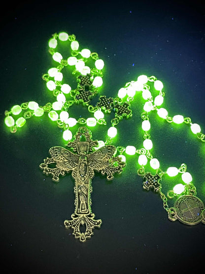 Uranium Glass (Moth) Rosary Necklace | Death's-head Hawk-moth Made of Yellow Vaseline Glass | It Glows Under UV Light | 59 Beads Crucifix