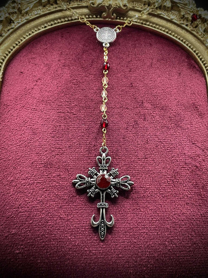 Uranium Glass (Crimson-Red) Gothic Rosary | Dark Witchy Necklace From Yellow Vaseline Glass | Glows Under UV Light | 4mm Fire-Polished Beads