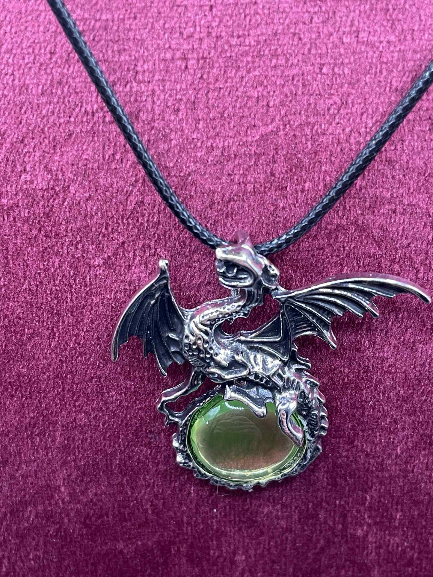 Uranium Glass (Dragon) Necklace | Dark Metal Pendant With Glowing Tail Gem | Luminous Green UV Jewelry | Gothic Fantasy Vaseline Glass