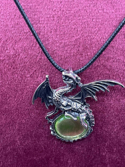 Uranium Glass (Dragon) Necklace | Dark Metal Pendant With Glowing Tail Gem | Luminous Green UV Jewelry | Gothic Fantasy Vaseline Glass
