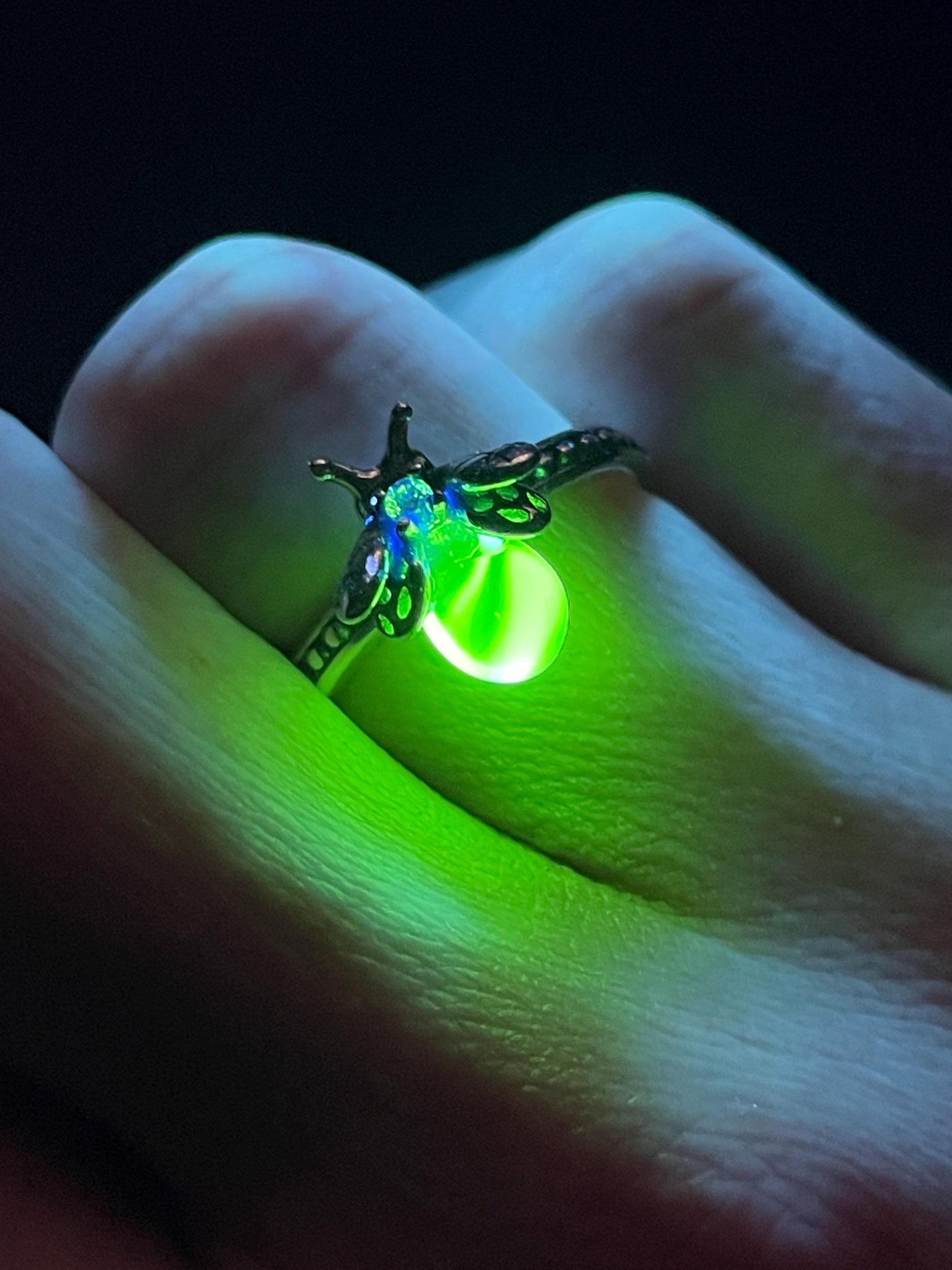 Uranium Glass (Firefly) Ring | Yellow Vaseline Bug Jewelry | It Glows Neon Green Under UV Light | Metallic Glow-In-The-Dark Luminous Insect