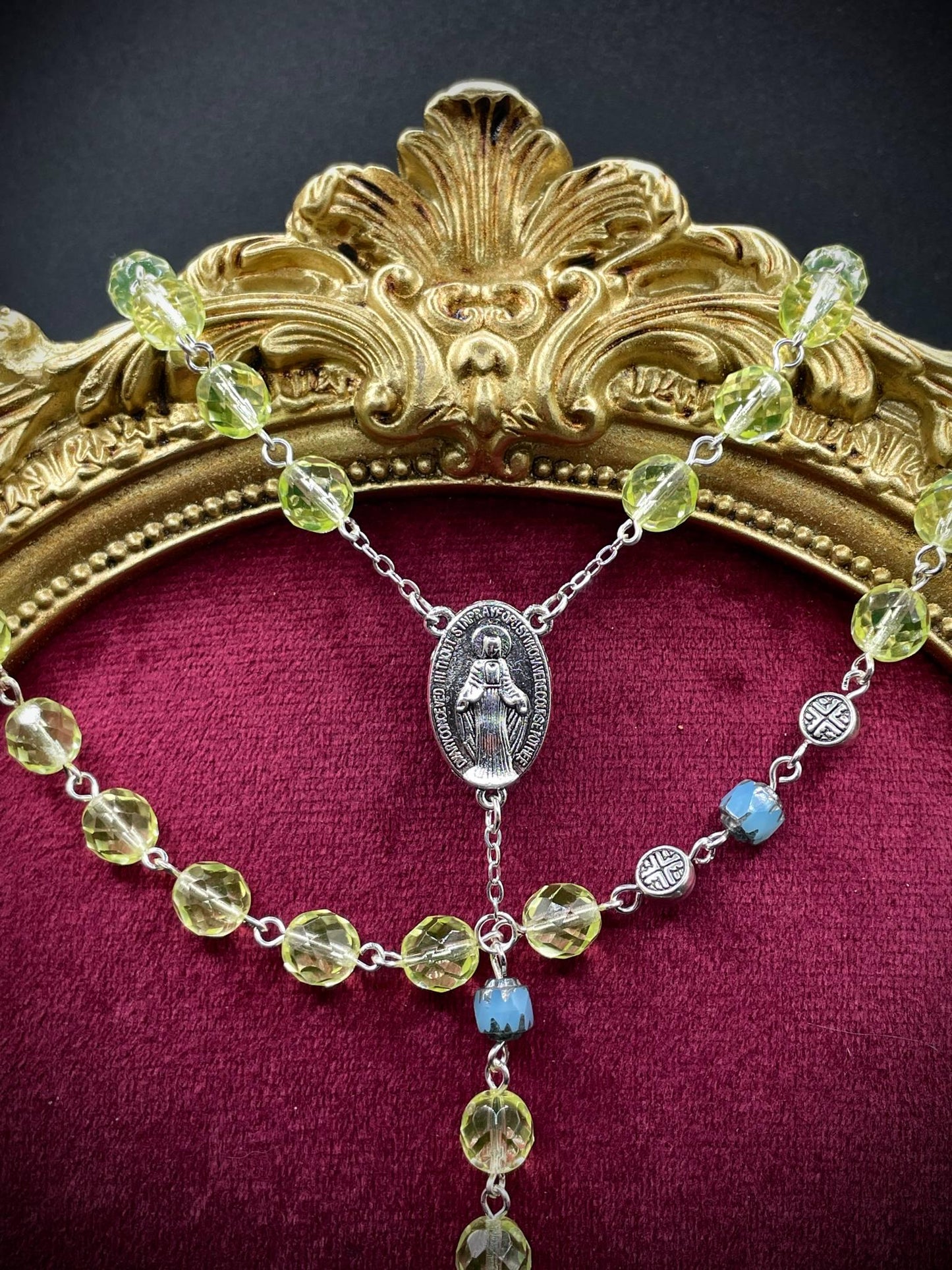 Blue Fire-polished (Uranium Glass) Rosary | Silver Decor Necklace with Virgin Mary Medal | It Glows Under UV Light | Yellow Vaseline Jewelry
