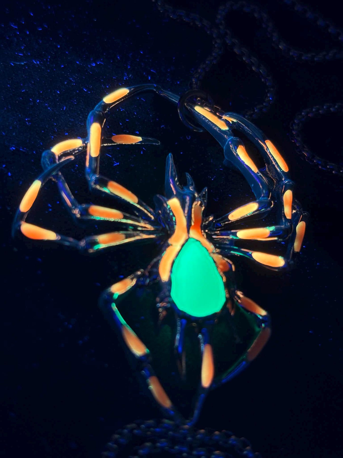 Phosphorous Spider Necklace | Fluorescent Arachnid Animal Pendant | Glows In The Dark | Stainless Steel Halloween Luminous Jewelry