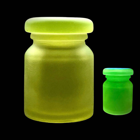 Frosted Uranium Glass Trinket Jar with Lid | Glowing Yellow Vaseline Bottle | Fluorescent Art Deco Container | Atomic-Style Glass Under UV Light