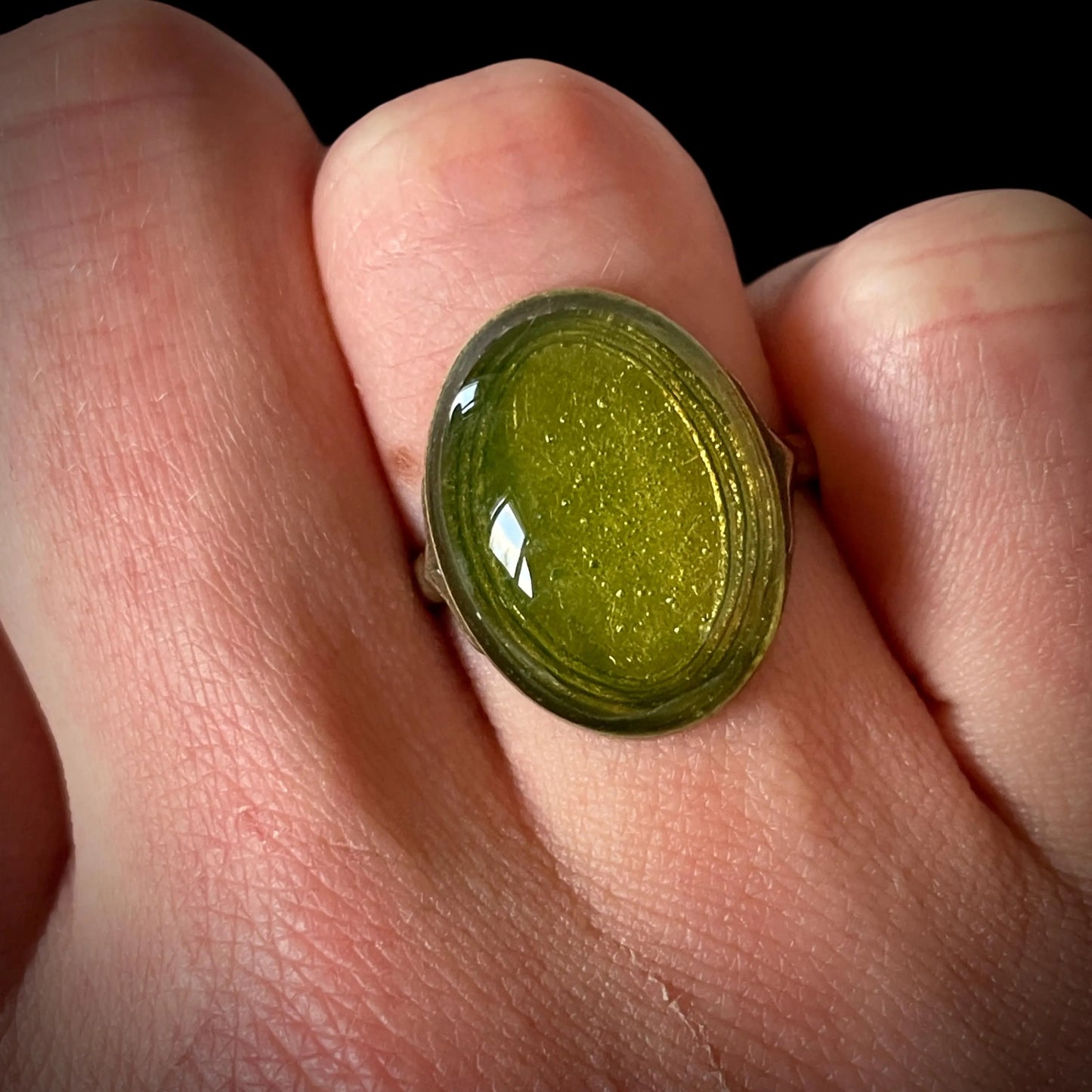 Yellow Uranium Glass Ring | Vintage 1930s Bronze Retro Jewelry | Glowing Gemstone Cabochon | Size 8