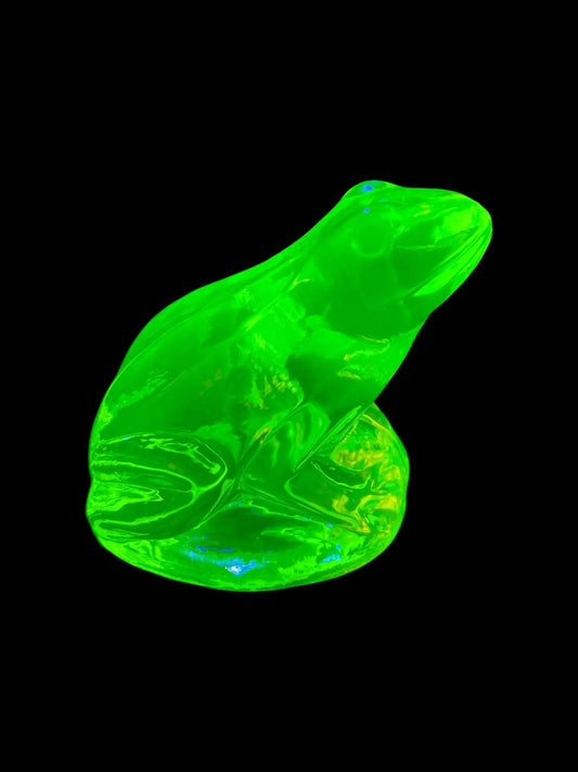 Vintage Uranium Glass Frog Figurine | Yellow Vaseline UV Reactive Glass Statue | Fluorescent Czech Depression Glass Animal Art | Glowing Under Blacklight