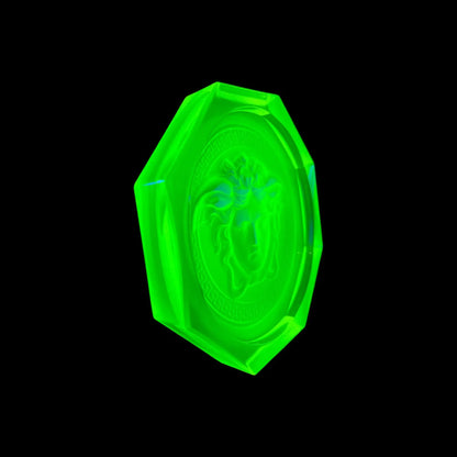 Versace Rosenthal Medusa Coaster From Uranium Glass – Rare Vaseline Glass Paperweight That Glows Vividly Green Under UV Light – Exclusive Collector’s Art Piece
