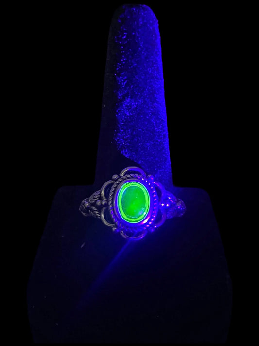 Handmade Uranium Glass Vaseline Yellow Cabochon Ring Size 7.8 | Oval Jewelry Glowing Under UV Light | Radioactive Art Deco Style