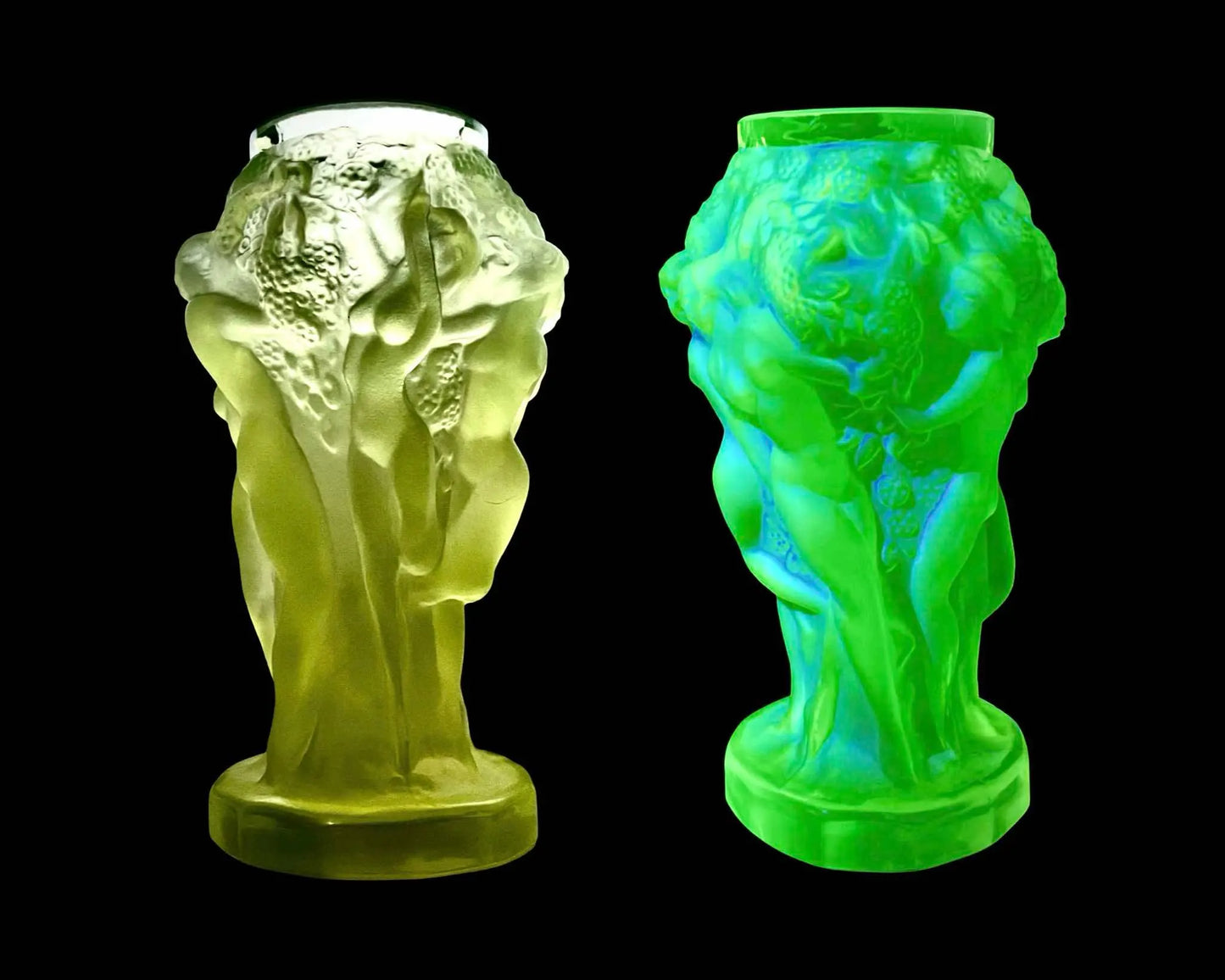 1930s Small Grape Harvest Vase in Uranium Glass | Bohemian Yellow Vaseline Art Deco by Pazourek for Heinrich Hoffmann | Glows Brightly Green Under UV Light