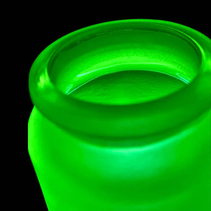 Frosted Uranium Glass Trinket Jar with Lid | Glowing Yellow Vaseline Bottle | Fluorescent Art Deco Container | Atomic-Style Glass Under UV Light
