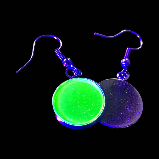 Handmade Uranium Glass Earrings in Black Metal – Art Deco Flat Circle Design Glowing Under UV Light