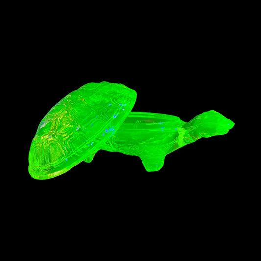 Vaseline Turtle Trinket Box | Yellow Uranium Glass Figurine | Czech Fluorescent Depression Glass | Glows Brightly Green Under UV Light