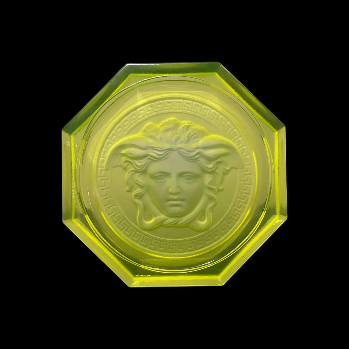 Versace Rosenthal Medusa Coaster From Uranium Glass – Rare Vaseline Glass Paperweight That Glows Vividly Green Under UV Light – Exclusive Collector’s Art Piece