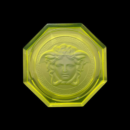 Versace Rosenthal Medusa Coaster From Uranium Glass – Rare Vaseline Glass Paperweight That Glows Vividly Green Under UV Light – Exclusive Collector’s Art Piece