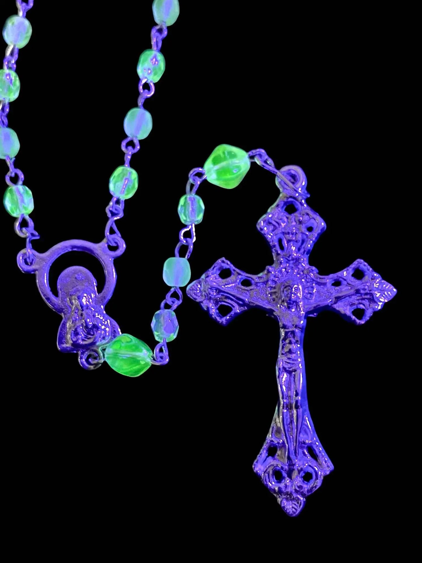 Glowing Rosary Necklace Made from Uranium Glass – Features Virgin Mary Medal and Jesus Crucifix | UV Reactive Catholic Prayer Jewelry