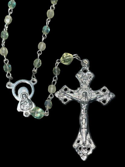 Glowing Rosary Necklace Made from Uranium Glass – Features Virgin Mary Medal and Jesus Crucifix | UV Reactive Catholic Prayer Jewelry