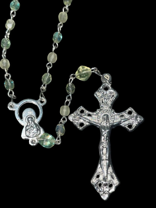 Glowing Rosary Necklace Made from Uranium Glass – Features Virgin Mary Medal and Jesus Crucifix | UV Reactive Catholic Prayer Jewelry
