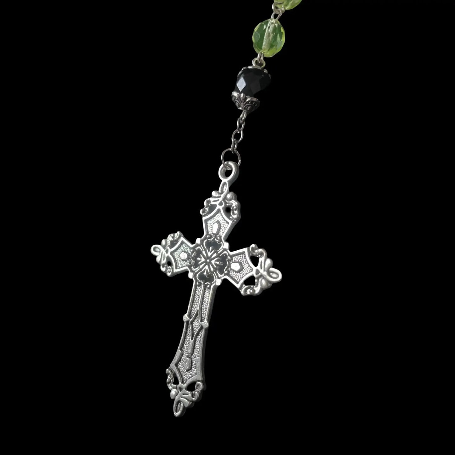 Uranium Glass Rosary Necklace Featuring 59 Vaseline Beads | Gothic Catholic Jewelry with St. Benedict Medal & Ornate Cross | Glows Brightly Under UV Light for Faith and Prayers