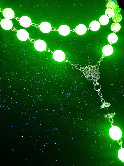 Uranium Glass Rosary Necklace Featuring 59 Vaseline Beads | Gothic Catholic Jewelry with St. Benedict Medal & Ornate Cross | Glows Brightly Under UV Light for Faith and Prayers