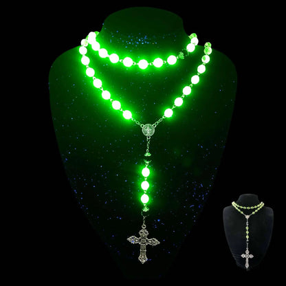 Uranium Glass Rosary Necklace Featuring 59 Vaseline Beads | Gothic Catholic Jewelry with St. Benedict Medal & Ornate Cross | Glows Brightly Under UV Light for Faith and Prayers