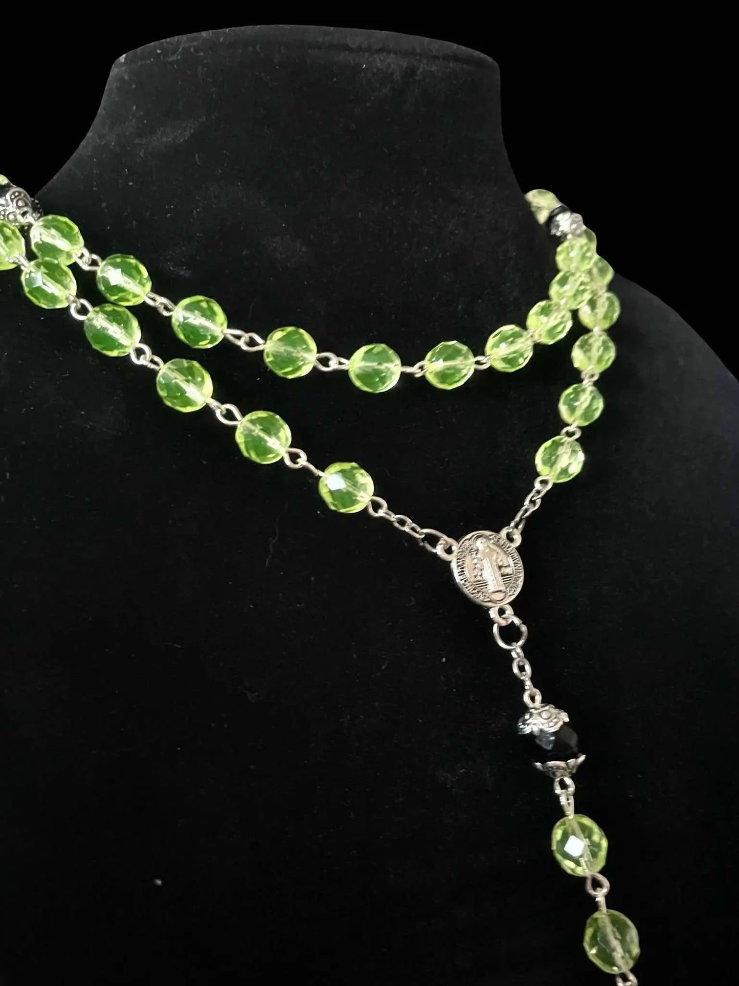 Uranium Glass Rosary Necklace Featuring 59 Vaseline Beads | Gothic Catholic Jewelry with St. Benedict Medal & Ornate Cross | Glows Brightly Under UV Light for Faith and Prayers