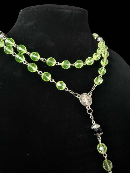 Uranium Glass Rosary Necklace Featuring 59 Vaseline Beads | Gothic Catholic Jewelry with St. Benedict Medal & Ornate Cross | Glows Brightly Under UV Light for Faith and Prayers