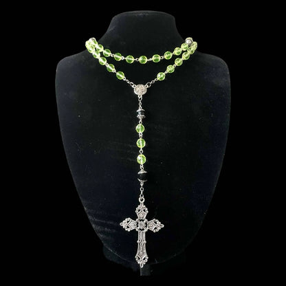 Uranium Glass Rosary Necklace Featuring 59 Vaseline Beads | Gothic Catholic Jewelry with St. Benedict Medal & Ornate Cross | Glows Brightly Under UV Light for Faith and Prayers