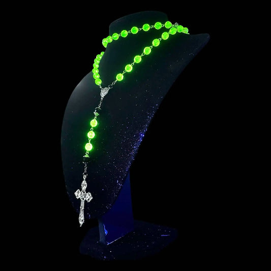 Uranium Glass Rosary Necklace Featuring 59 Vaseline Beads | Gothic Catholic Jewelry with St. Benedict Medal & Ornate Cross | Glows Brightly Under UV Light for Faith and Prayers