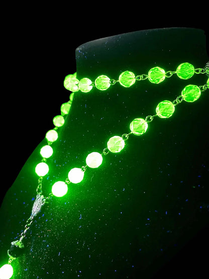 Uranium Glass Rosary Necklace Featuring 59 Vaseline Beads | Gothic Catholic Jewelry with St. Benedict Medal & Ornate Cross | Glows Brightly Under UV Light for Faith and Prayers