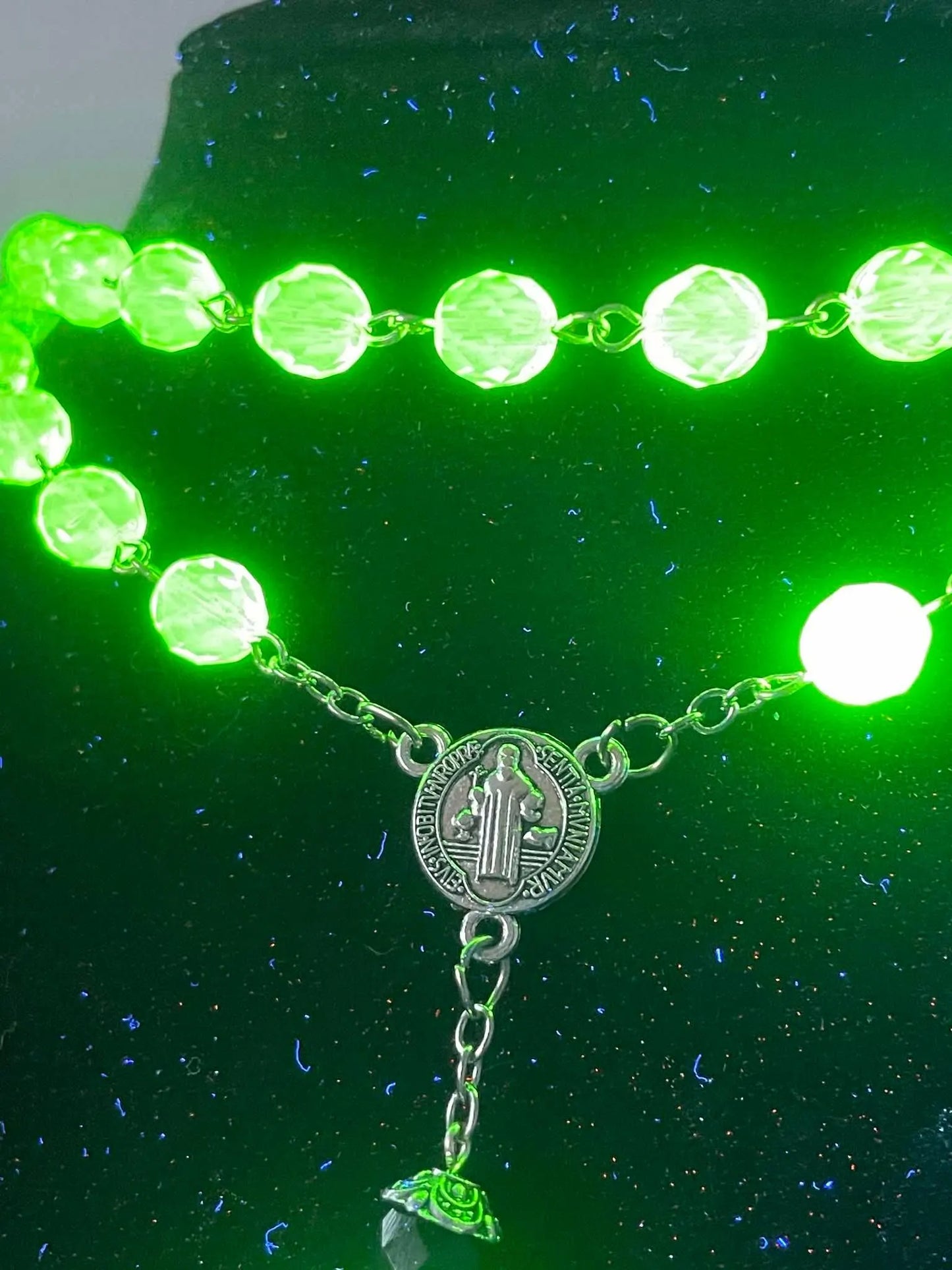 Uranium Glass Rosary Necklace Featuring 59 Vaseline Beads | Gothic Catholic Jewelry with St. Benedict Medal & Ornate Cross | Glows Brightly Under UV Light for Faith and Prayers
