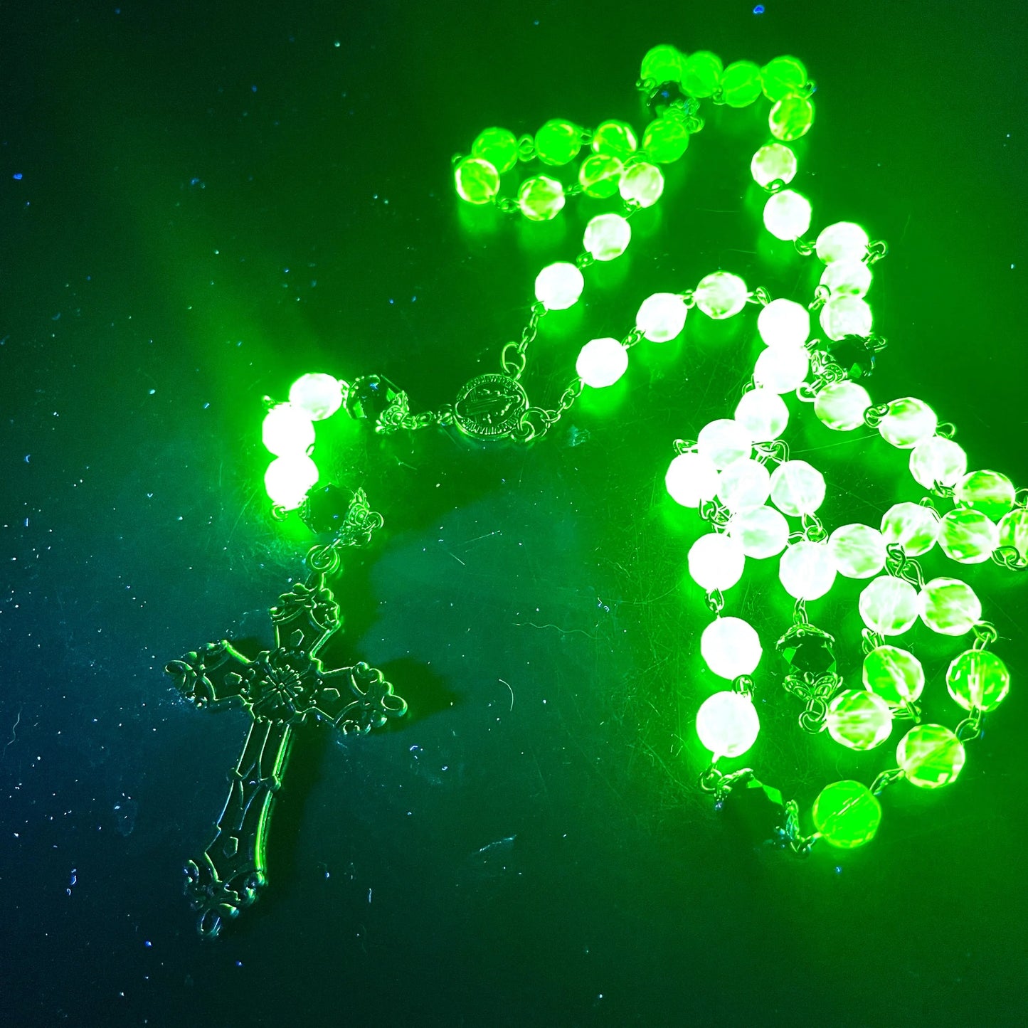 Uranium Glass Rosary Necklace Featuring 59 Vaseline Beads | Gothic Catholic Jewelry with St. Benedict Medal & Ornate Cross | Glows Brightly Under UV Light for Faith and Prayers