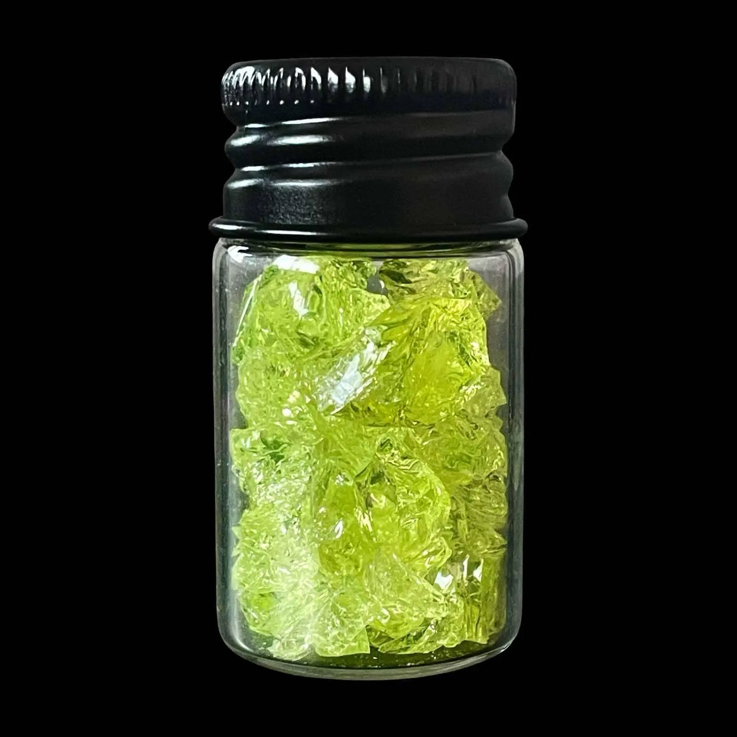 Crushed Uranium Glass Shards in Bottle | Glowing Yellow Vaseline Fragments | UV Reactive Vial with Safe Radioactive Glass for Crafts & Magic Use