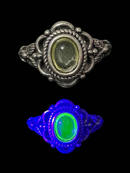 Handmade Uranium Glass Vaseline Yellow Cabochon Ring Size 7.8 | Oval Jewelry Glowing Under UV Light | Radioactive Art Deco Style