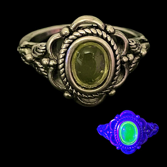 Handmade Uranium Glass Vaseline Yellow Cabochon Ring Size 7.8 | Oval Jewelry Glowing Under UV Light | Radioactive Art Deco Style