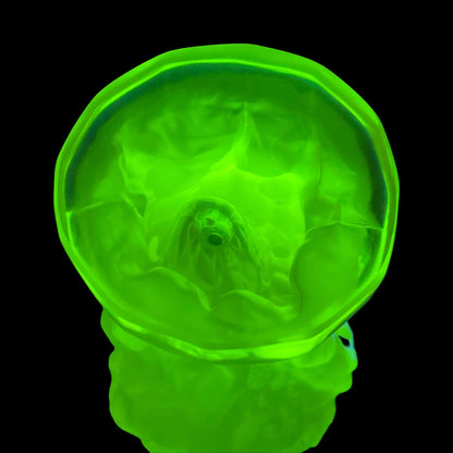 1930s Small Grape Harvest Vase in Uranium Glass | Bohemian Yellow Vaseline Art Deco by Pazourek for Heinrich Hoffmann | Glows Brightly Green Under UV Light